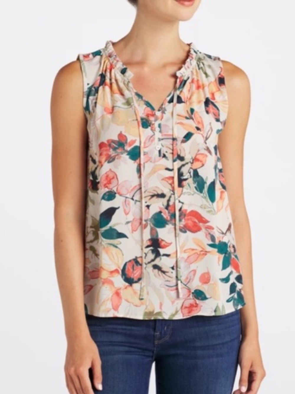 Joie sleeveless watercolor floral Ruffle-Detail Sleeveless Blouse - Cream/Pink M